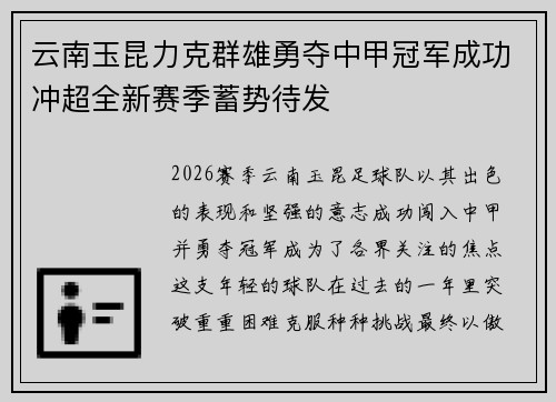 云南玉昆力克群雄勇夺中甲冠军成功冲超全新赛季蓄势待发