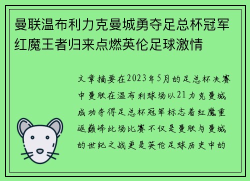 曼联温布利力克曼城勇夺足总杯冠军红魔王者归来点燃英伦足球激情 曼联温布利力克曼城勇夺足总杯冠军红魔王者归来点燃英伦足球激情
